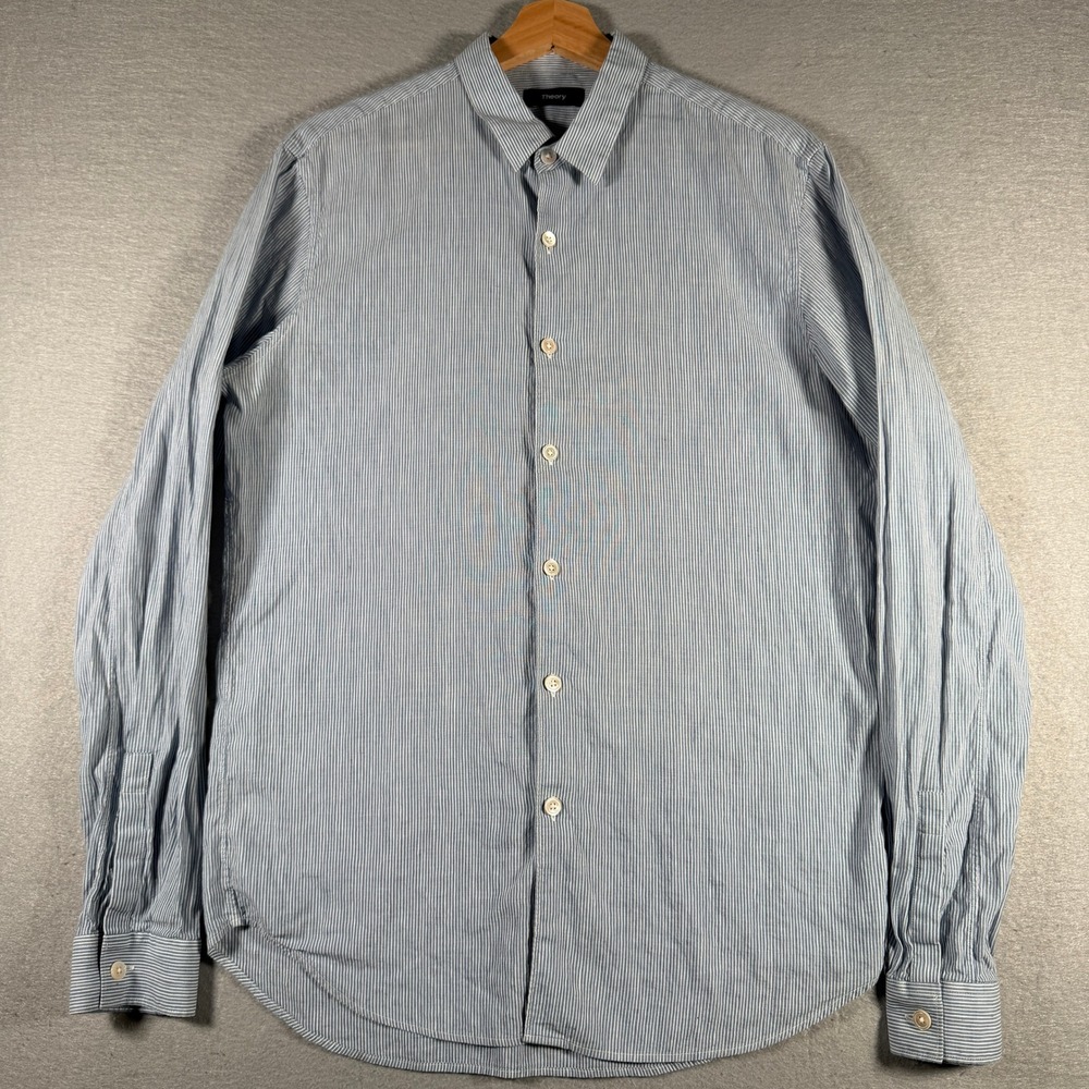 Theory Mens Blue White Micro Striped Long‎ Sleeve Button Down Shirt Size L